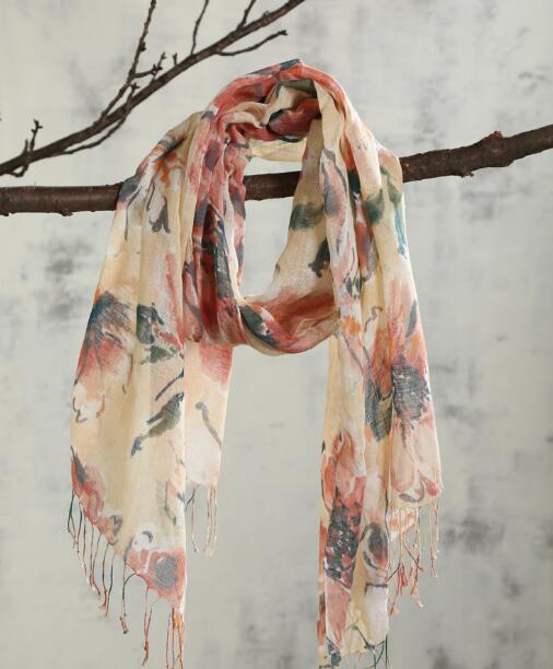 100% Linen Floral Print Women Spring and Autumn scarf Pure Linen Scarf Long Beach Scarfs For Ladies