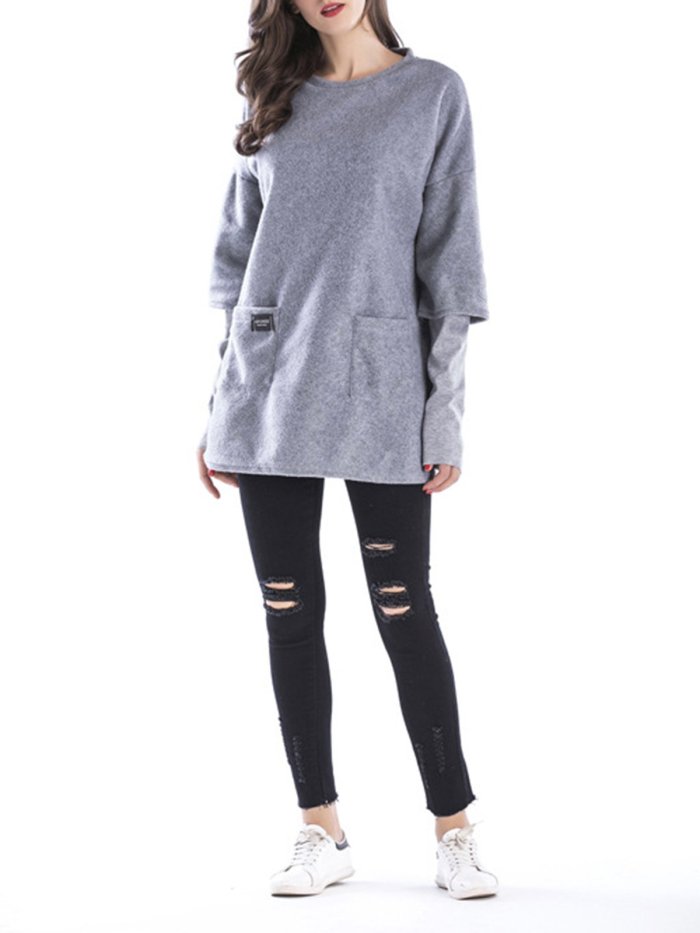 Crew Neck Long Sleeve Solid Casual Paneled Plus Size Hoodie