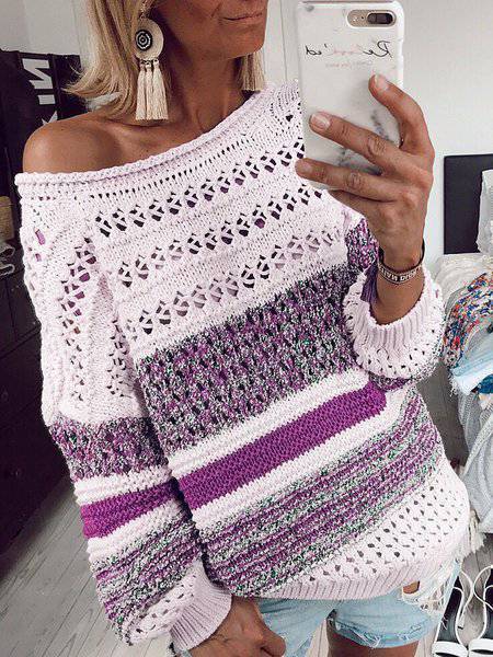 Color-Block Striped Hollowed Casual Sweaters