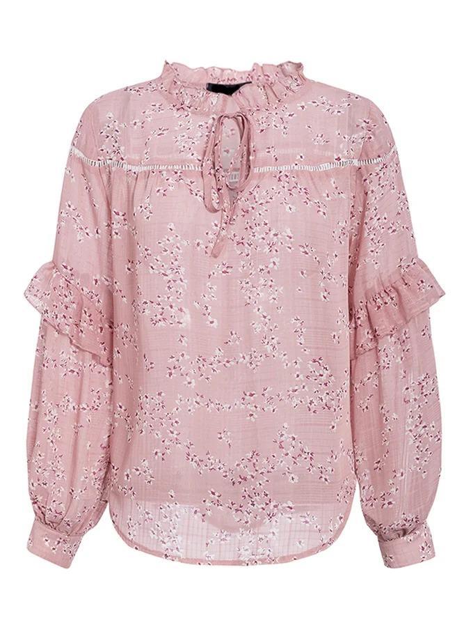 Casual Floral Lace-up Panel Ruffle Cutout Shirt