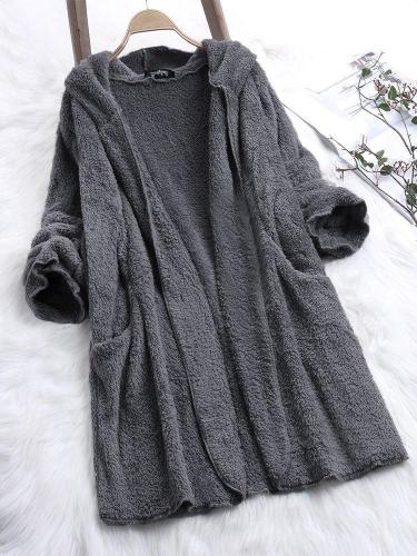 Casual Fluffy Shift Solid Plus Size Hoodie Coat