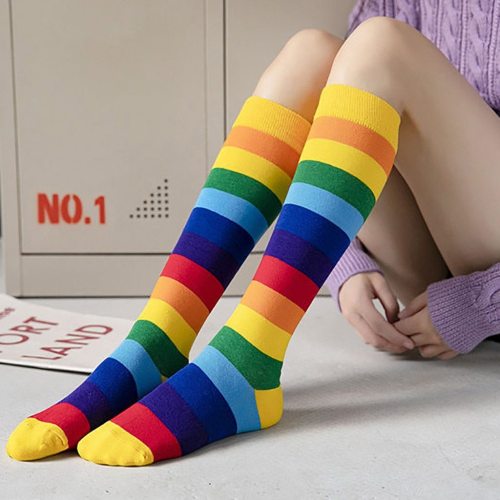 Womens Socks Rainbow Striped Pile Bright Color Knee Socks Casual Cotton Socks