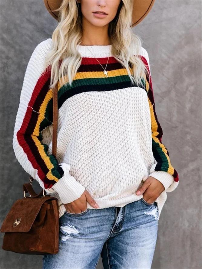 Stripes Knitted Crew Neck Long Sleeve Sweater