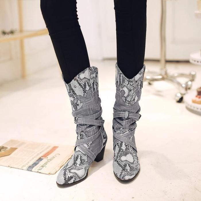 Women Snakeskin Pattern PU Chunky Heel Mid Calf Boots Artificial Leather Booties
