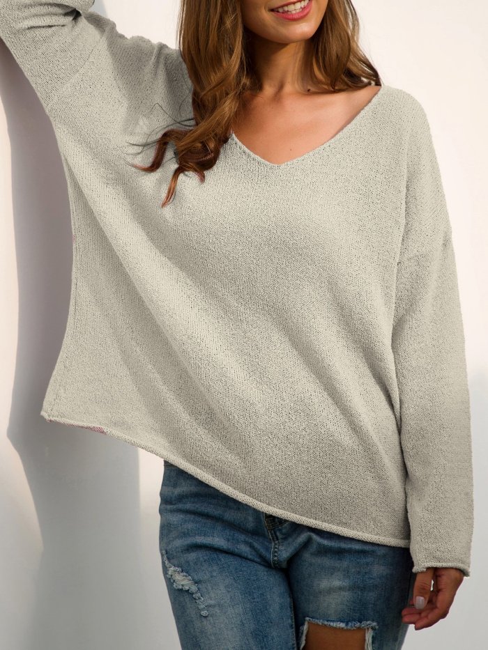 Long Sleeve V Neck Plain Casual Sweaters