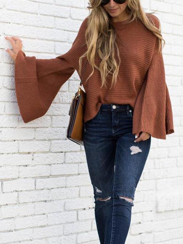 Sweet Casual Chic Loose Plain Flare Long Sleeve Sweater