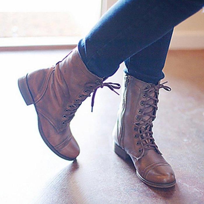 Women PU Booties Casual Comfort Lace Up Shoes