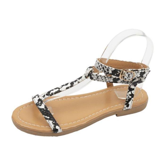 Women Buckle Strap Flat Leopard Retro Peep Toe Sandals