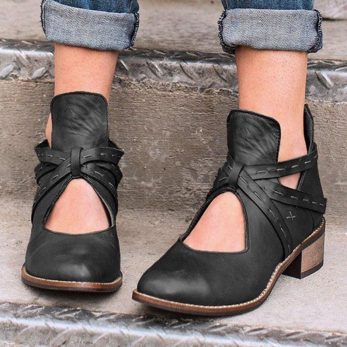 Women Artificial Leather Ankle Low Heel Boots Hollow-out Vintage Booties