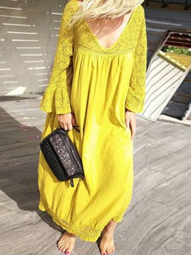 Yellow Cotton-Blend Casual V Neck Big Hem Dress Dresses