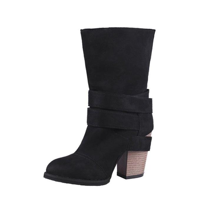 Women Comfy Suede Mid-Calf Chunky Heel Slip-On Boots