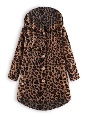 Leopard Hooded Sherpa Coat Symmetrical Button Teddy Bear Fuzzy Coat