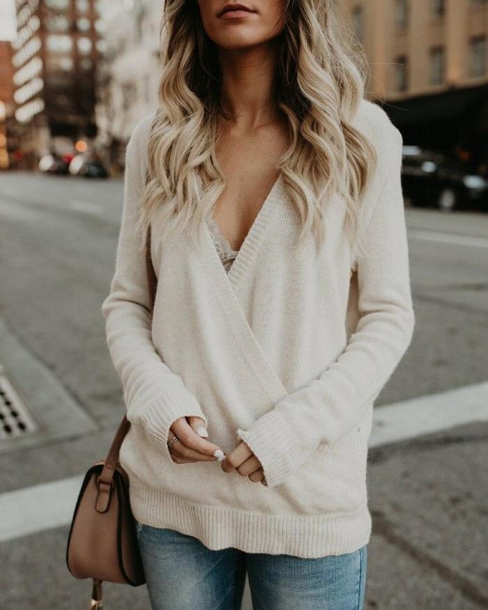 Sexy Knitted Sweater Long Sleeve V Neck Cashmere Tops