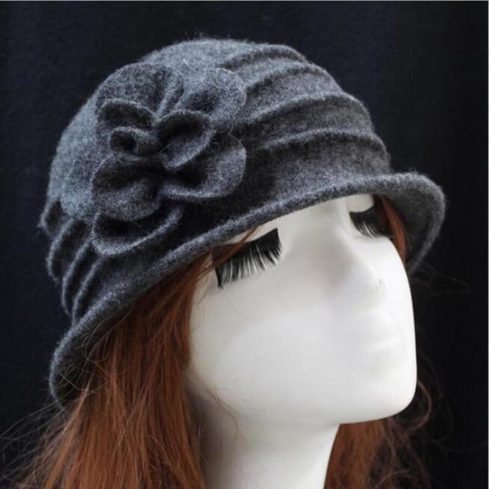 Wool Hat For Autumn And Winter Solid Warm Floral Hat Loose Retro Vintage Bowler Wing Caps Hats
