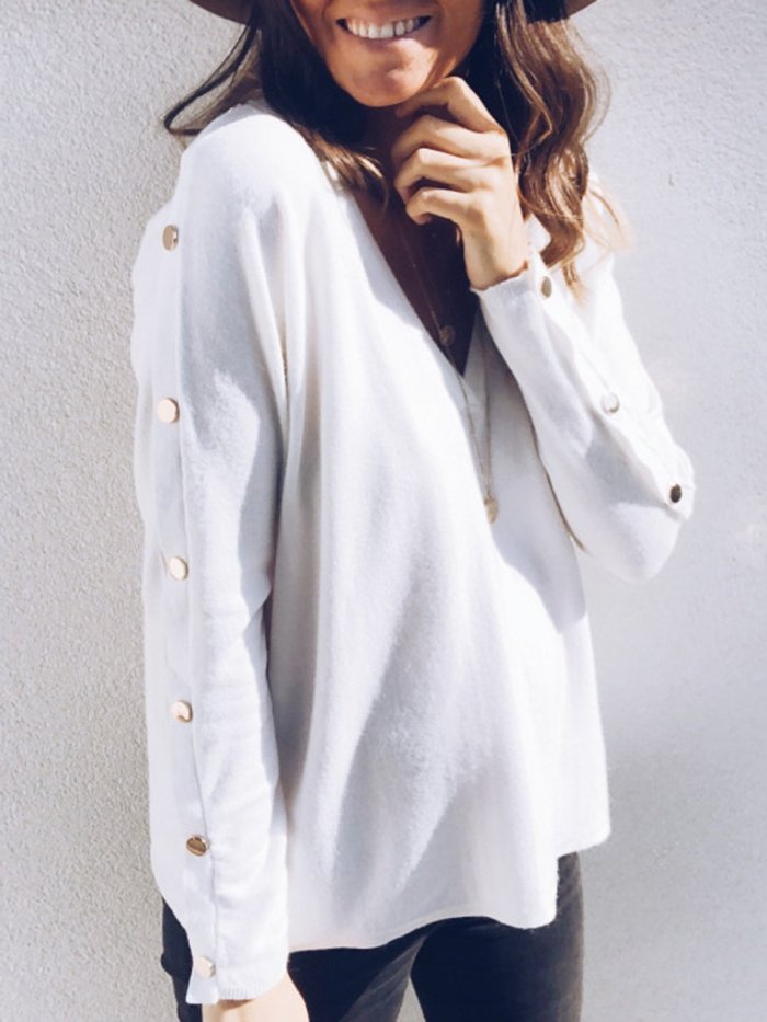 Buttoned Long Sleeve Vintage V Neck Sweaters