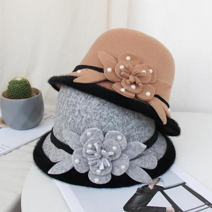 Woolen Fisherman Hat Ladies Autumn Winter Fashion Beaded Flower Felt Hat