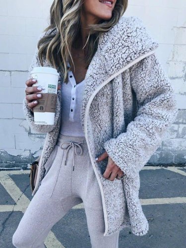 Women Faux Fur Long Sleeve Winter Snow Cardigans With Hoodie