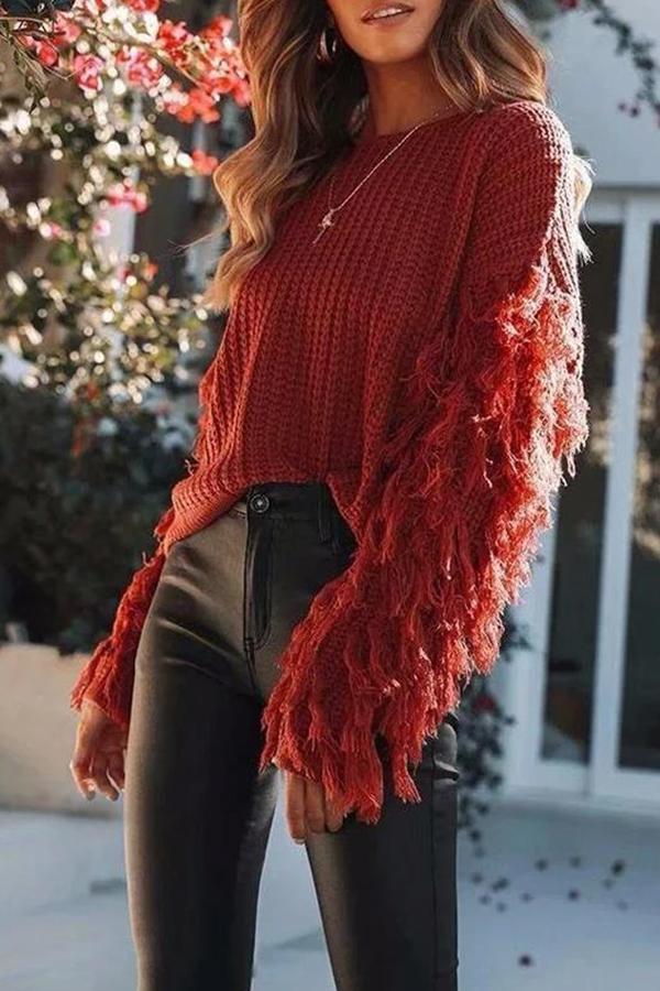 Fashion Round Collar Tassels Long Sleeves Plain Knitting Sweater