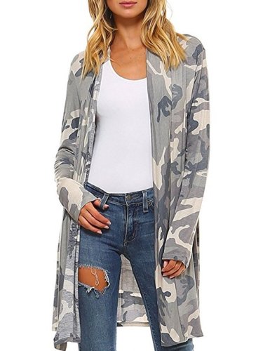 Casual Camouflage Printed Abstract Shift Cardigan