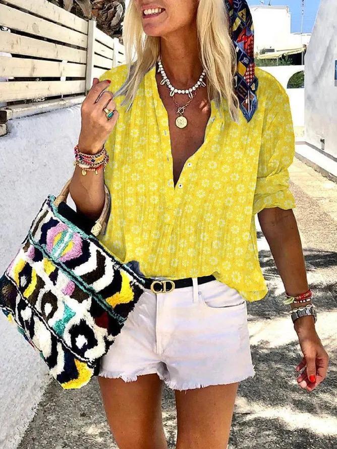 Yellow Long Sleeve Floral Crew Neck Floral-Print Shirts & Tops