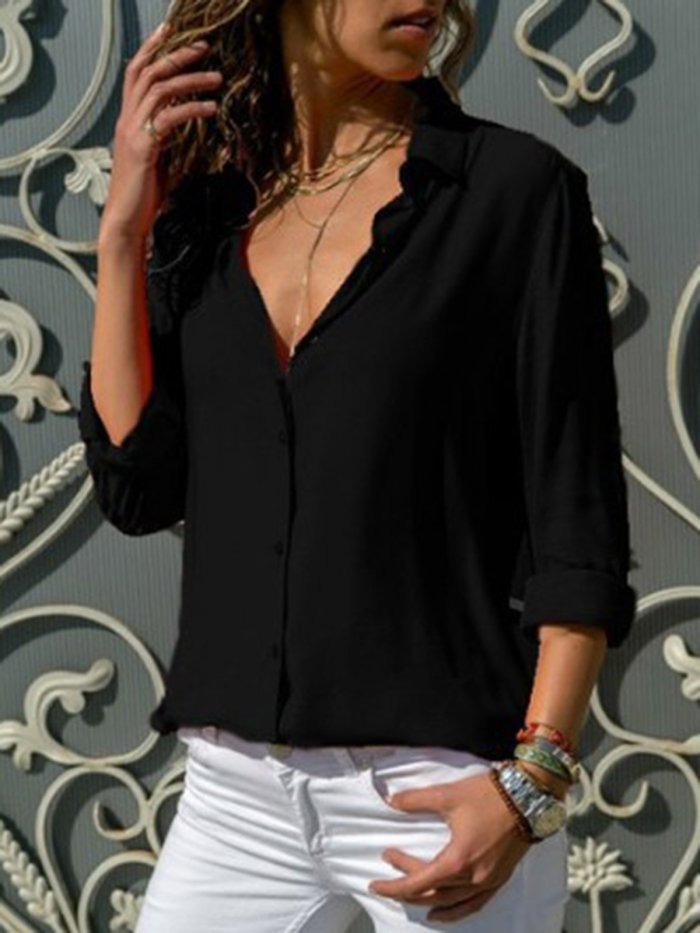 Casual Buttoned Long Sleeve Solid V-Neck Blouse