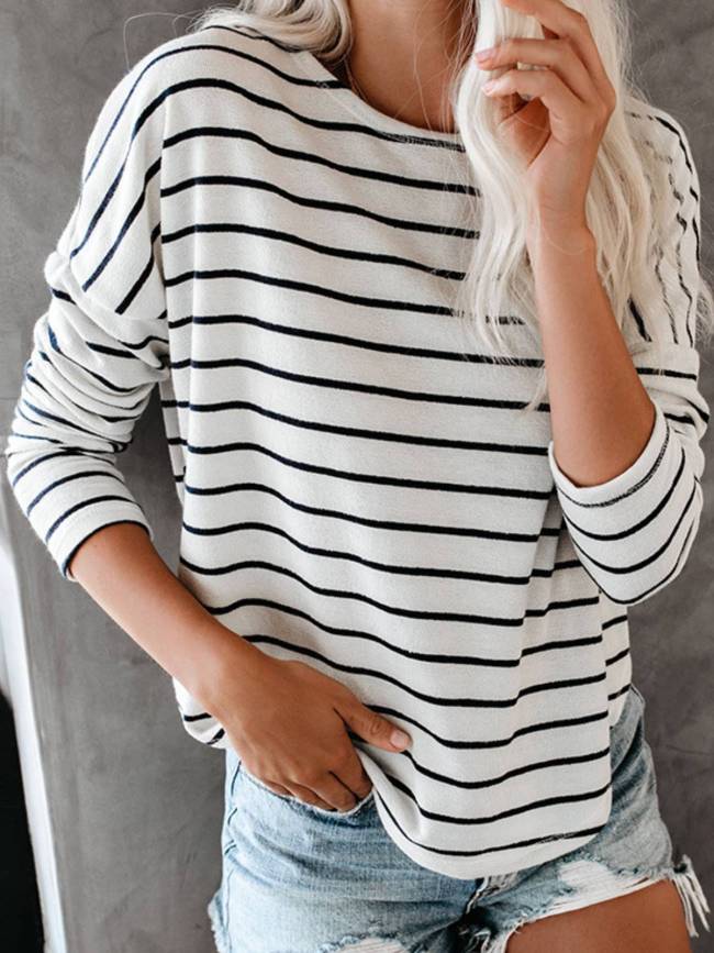White Stripes Casual Crew Neck Shirts & Tops