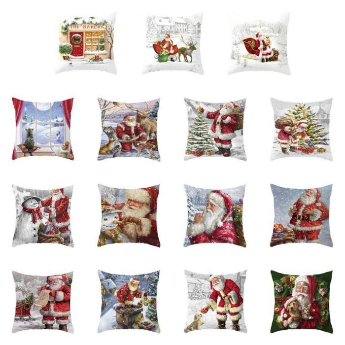 Christmas Pillow Case Deer Snowman Pattern Pillow Cover Cotton Linen