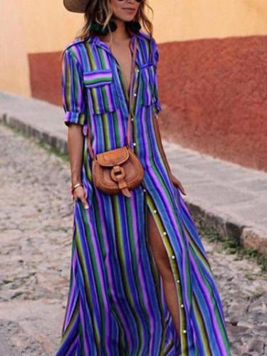 Button Down Collar Stripes Roll Up Sleeve Half Sleeve Maxi Plus Size Dress