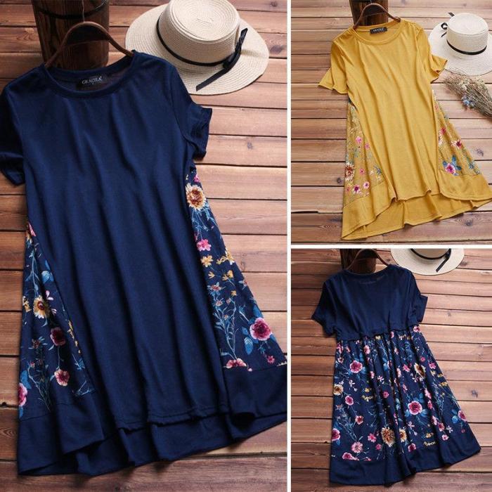 Short Sleeve Floral-Print Casual Dresses
