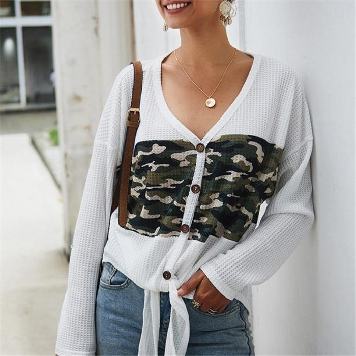 Casual Camouflage Print Knotted Knit  T-Shirt Cardigan