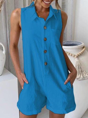 Plus Size Casual Solid Sleeveless Pockets Romper