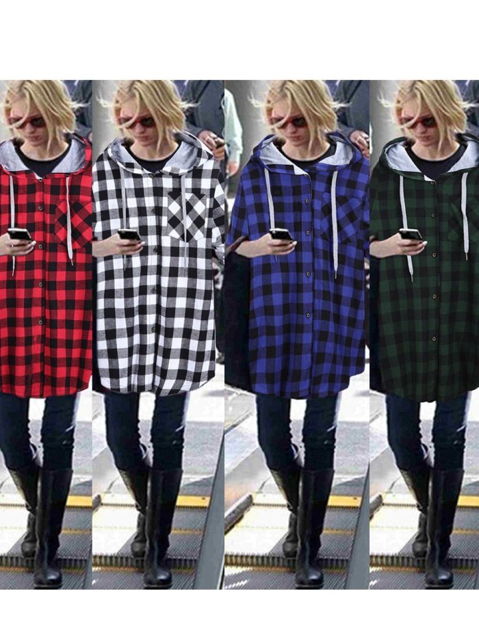 Casual Long Sleeve Hooded Plaid Plus Size Coat