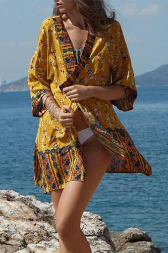 Summer Floral Print 3/4 Sleeve Cover up Swimwear Beachwear Bikini Cardigan