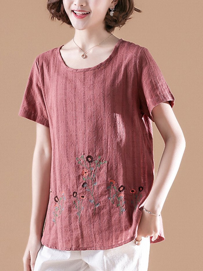 Embroidered Short Sleeve Cotton-Blend T-shirts