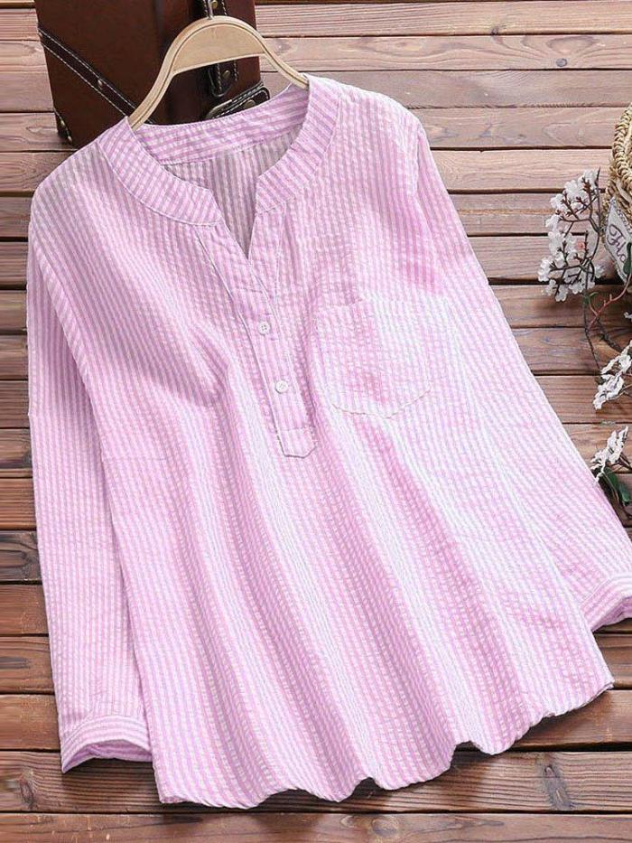 Plus Size Striped Casual Long Sleeve Blouse