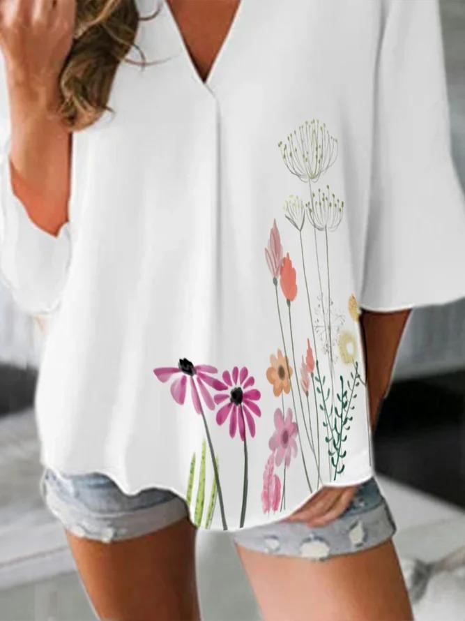V Neck 3/4 Sleeve Floral Shirts & Tops