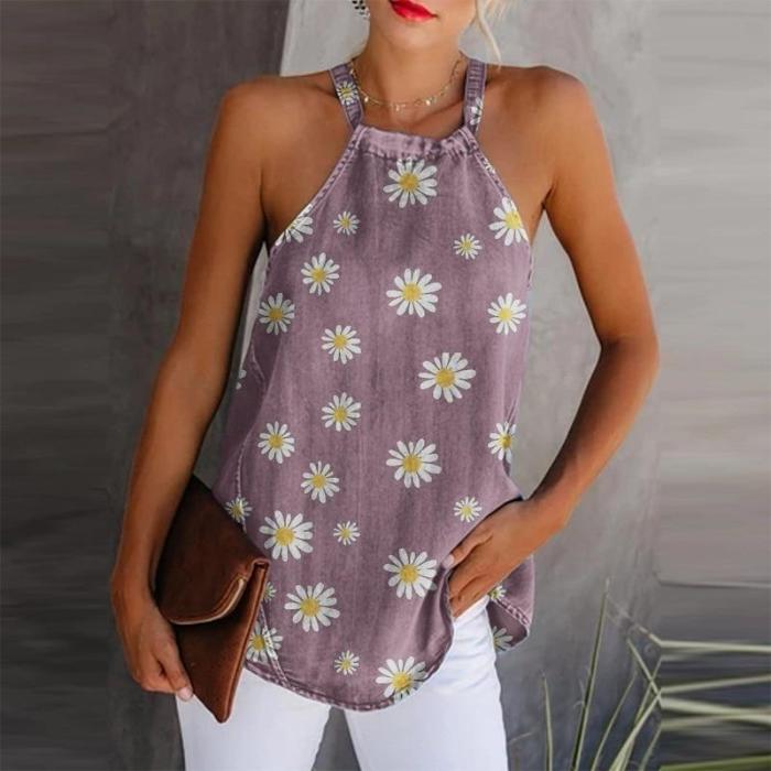 Daisy Print Elegant Halter Top 2020 Summer Sleeveless Cotton Linen Blouses Shirt