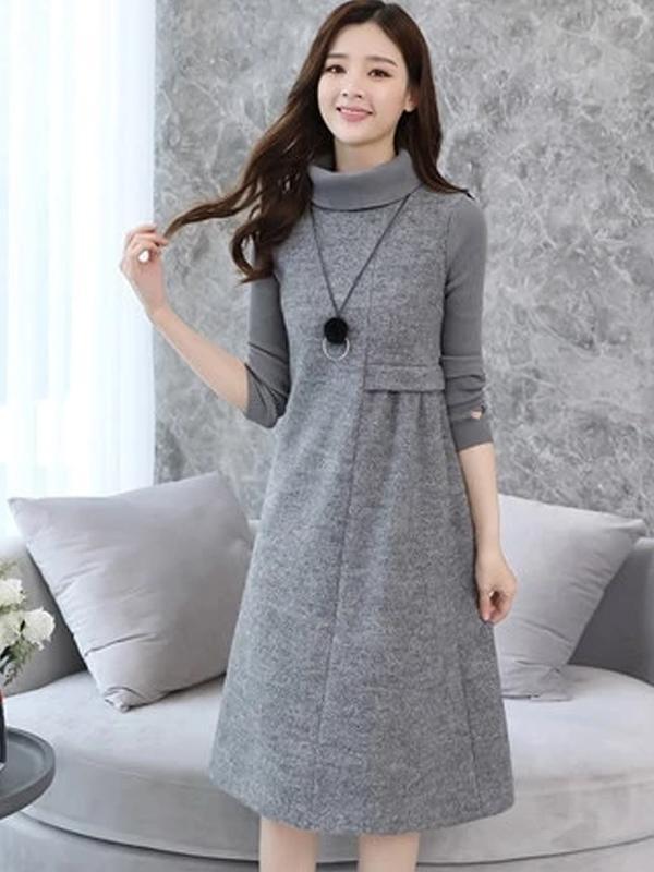 Plus Size Casual Woolen Knit Long Sleeve Turtleneck Elegant A-line Dress