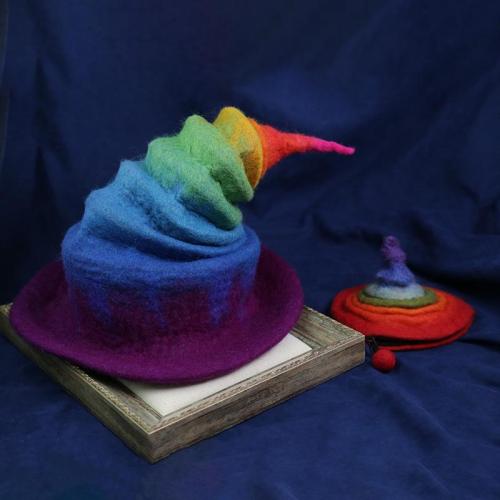 Handmade Wool Felt Hat Rainbow Gradient Wizard Hat