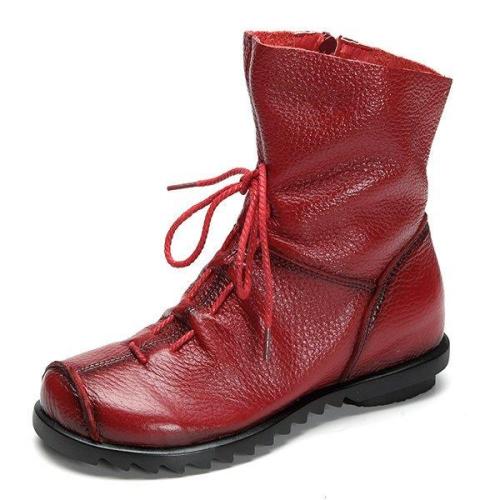 Big Size Pure Color Lace Up Ankle Leather Comfortable Zipper Boots
