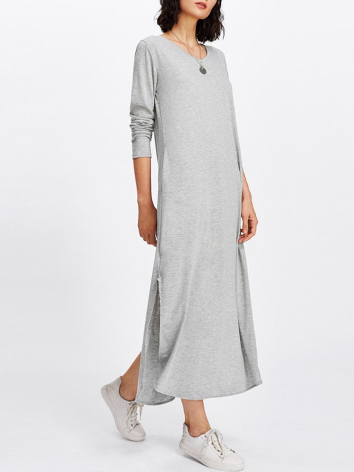 Gray Casual Solid Crew Neck Slit Maxi Dress