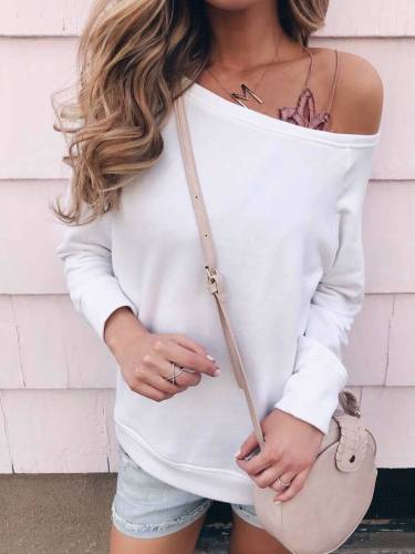 White Casual One Shoulder Long Sleeve Shirts & Tops