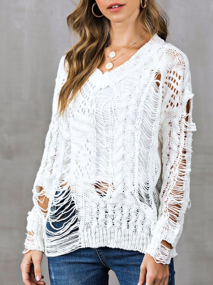 V Neck Casual Long Sleeve Ripped Sweaters