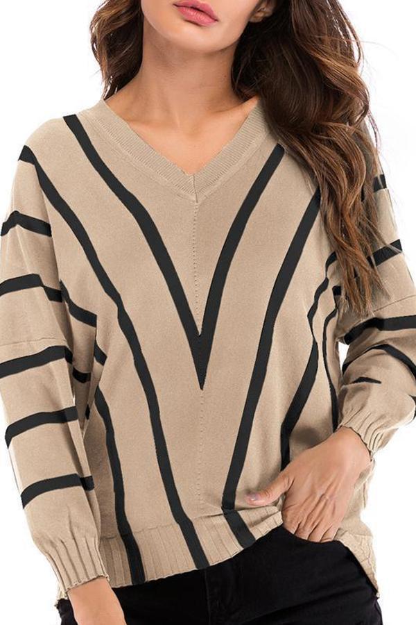 V  Neck  Striped  Basic Sweaters