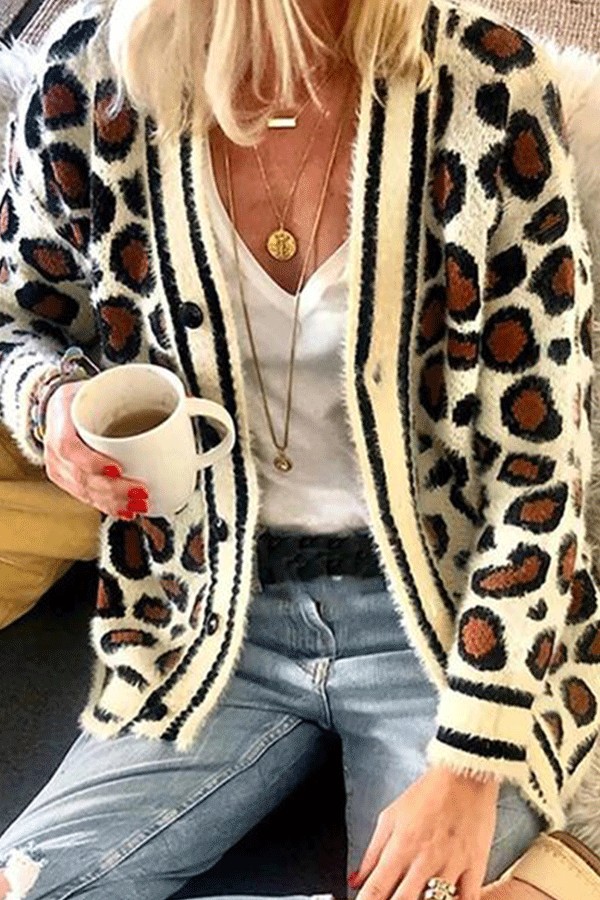 European And American Leopard Single-Breasted Cardigan Sweater