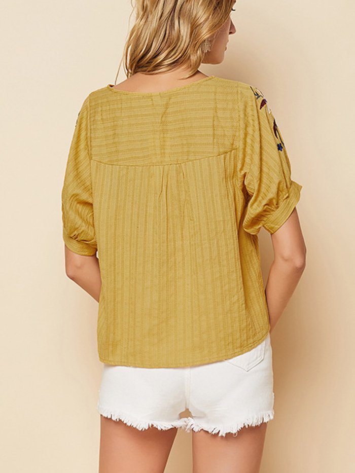 Yellow Short Sleeve Crew Neck Cotton Shirts & Tops