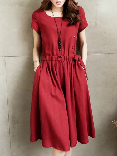 Burgundy Short Sleeve Solid A-line Casual Dress
