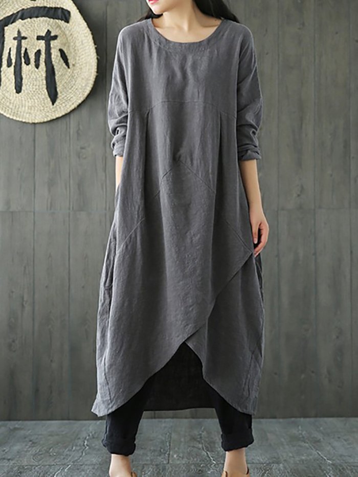 Black Solid Casual Crew Neck Cotton Casual Dress