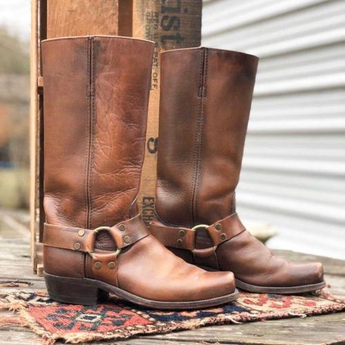 Vintage Slip-On Mid-Calf Boots Chunky Heel Square Toe Cowboy Boots