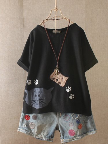 Women Casual Loose Embroidery Tops Tunic T Shirt